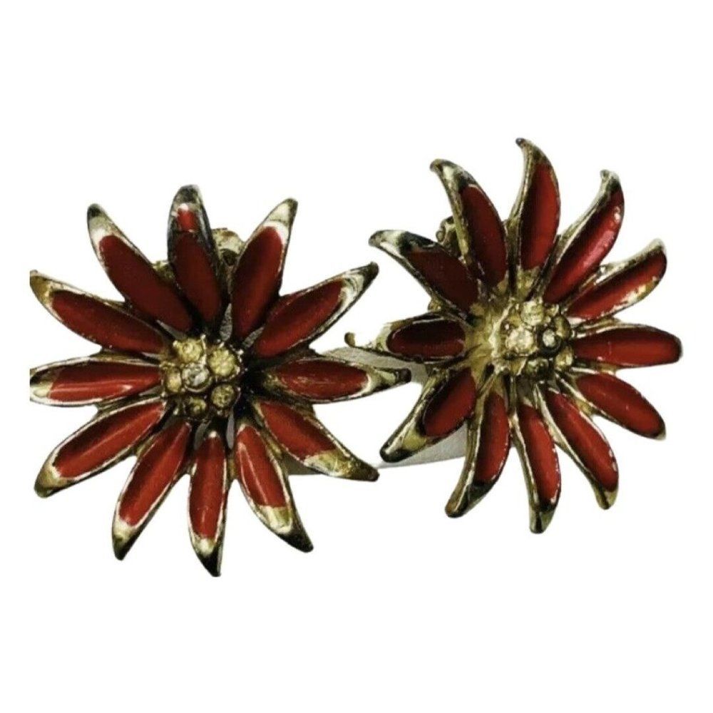 Vintage Red Enamel Sunflower Rhinestone Gold Tone Clip On Button Earrings